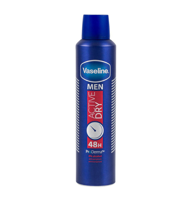 Vaseline Men Active Dry ProDerma 48h Anti-Perspirant Spray – flacone blu scuro con etichetta rossa