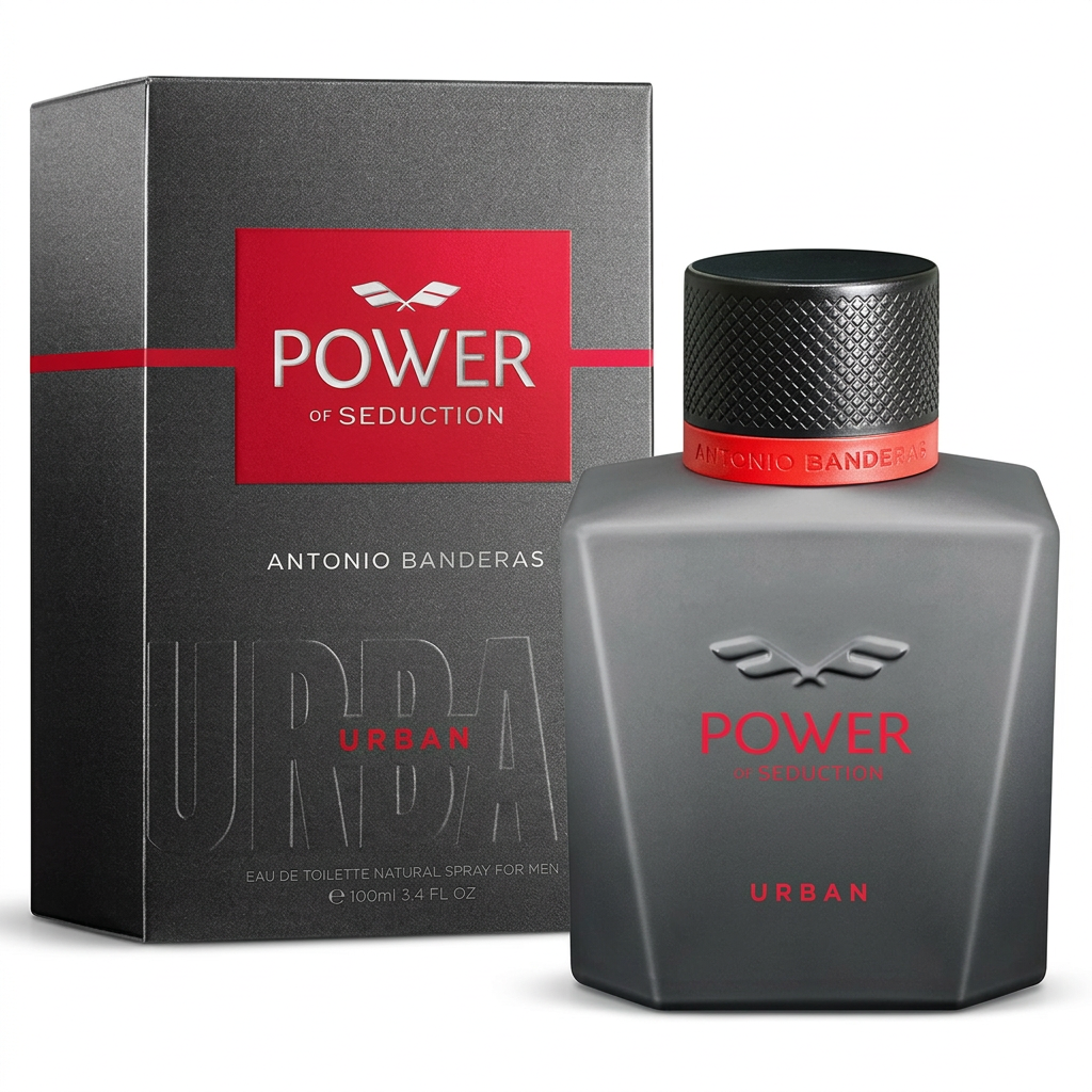 Antonio Banderas Power of Seduction Urban Eau de Toilette 100 ml, flacone grigio e confezione con dettagli rossi su sfondo bianco