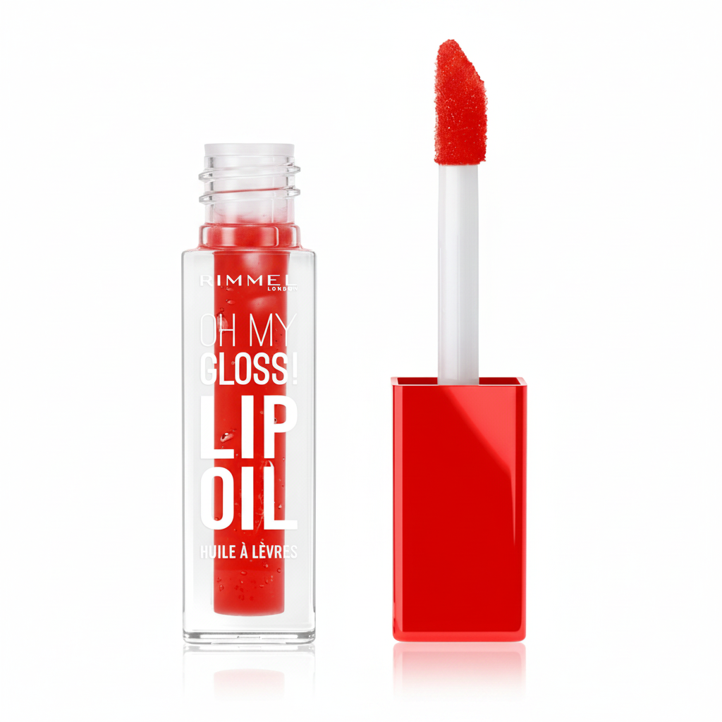 Rimmel Oh My Gloss Lip Oil Rosso – Olio Labbra su sfondo bianco