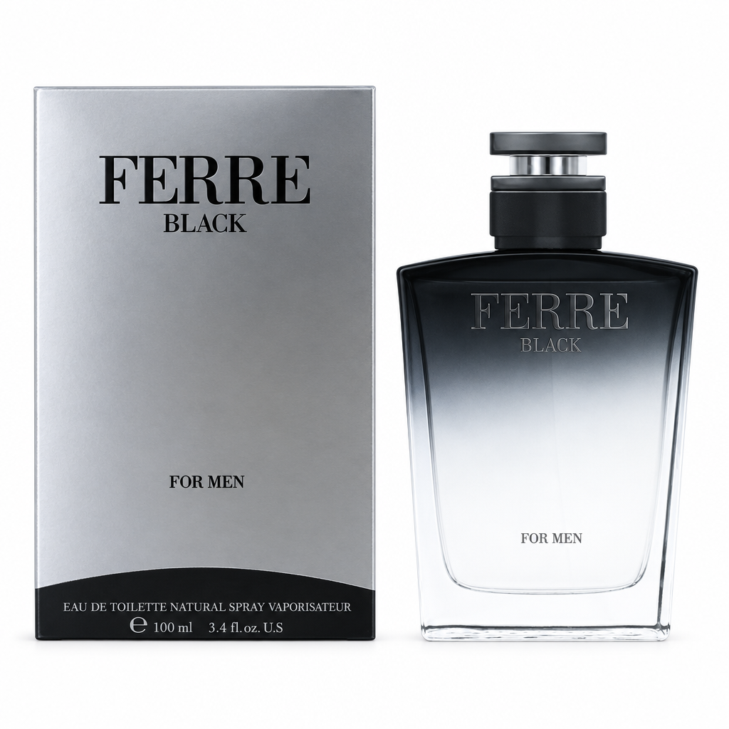 Scatola argentata e flacone sfumato nero Ferré Black Eau de Toilette 100 ml su sfondo bianco