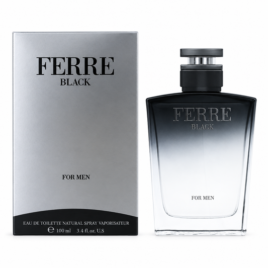 Scatola argentata e flacone sfumato nero Ferré Black Eau de Toilette 100 ml su sfondo bianco
