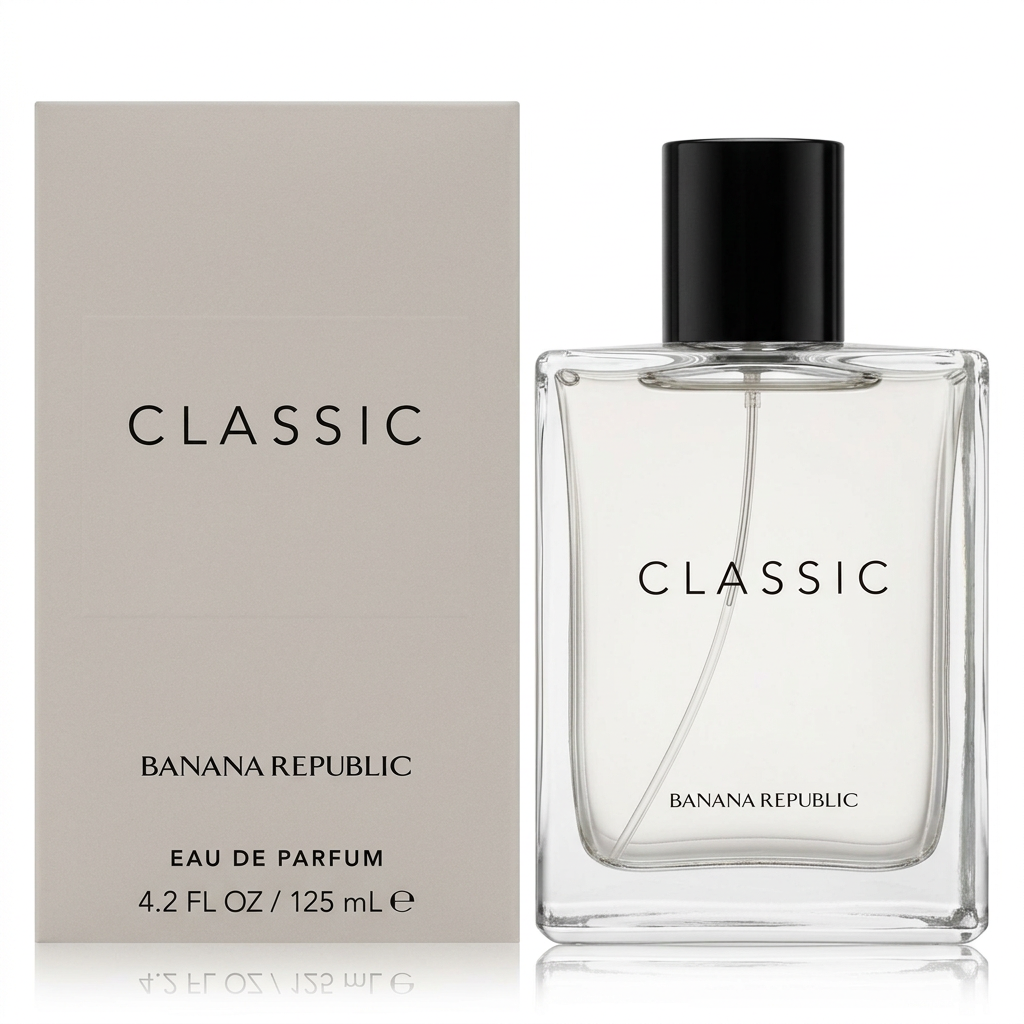 Flacone trasparente e confezione Banana Republic Classic Eau de Parfum 125 ml su sfondo bianco