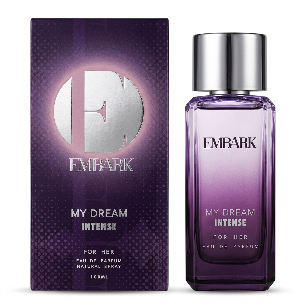 Embark My Dream Intense For Her Eau de Parfum, flacone e confezione su sfondo bianco