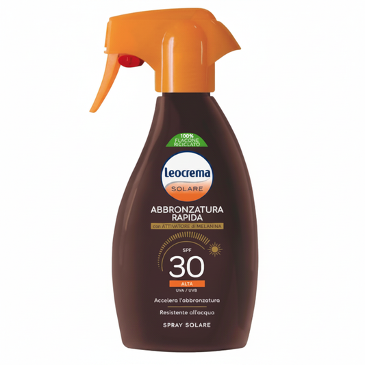 Leocrema Solare Abbronzatura Rapida SPF 30 Spray su sfondo bianco