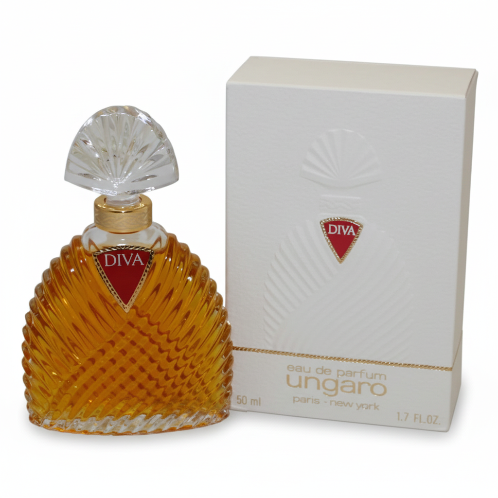 Ungaro Diva Eau de Parfum 50ml – flacone ambrato con tappo a ventaglio e confezione bianca