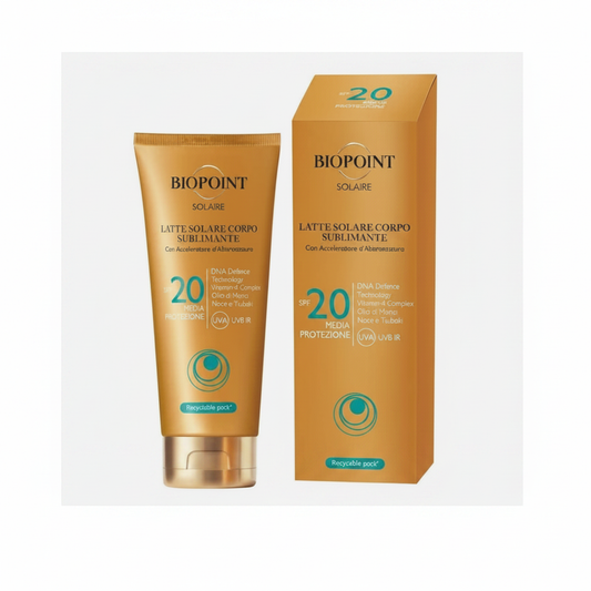 Biopoint Solaire Latte Solare Corpo Sublimante SPF 20 con tubo e confezione su sfondo bianco