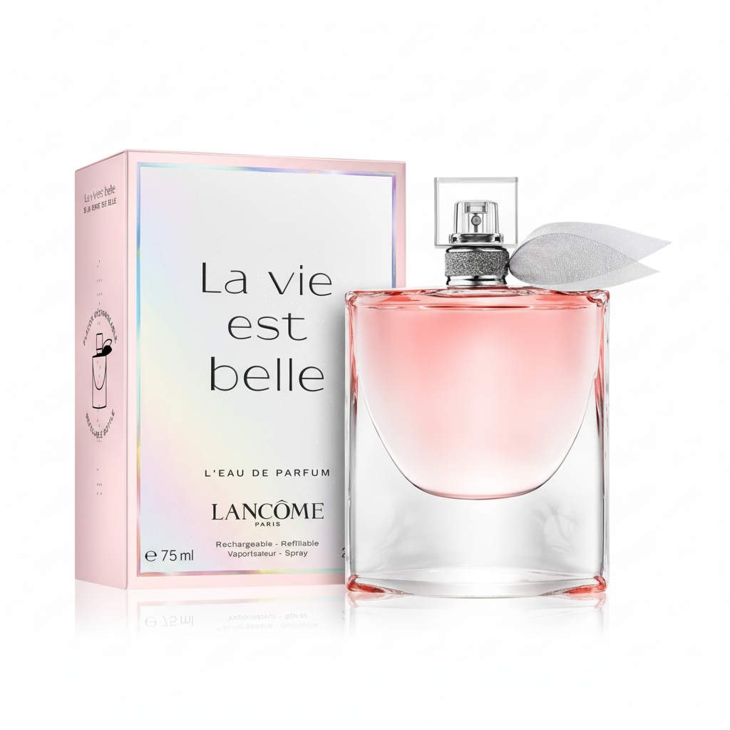 Lancôme La Vie Est Belle EDP 75ml Rechargeable – flacone curvo rosa con fiocco bianco e confezione rosa iridescente