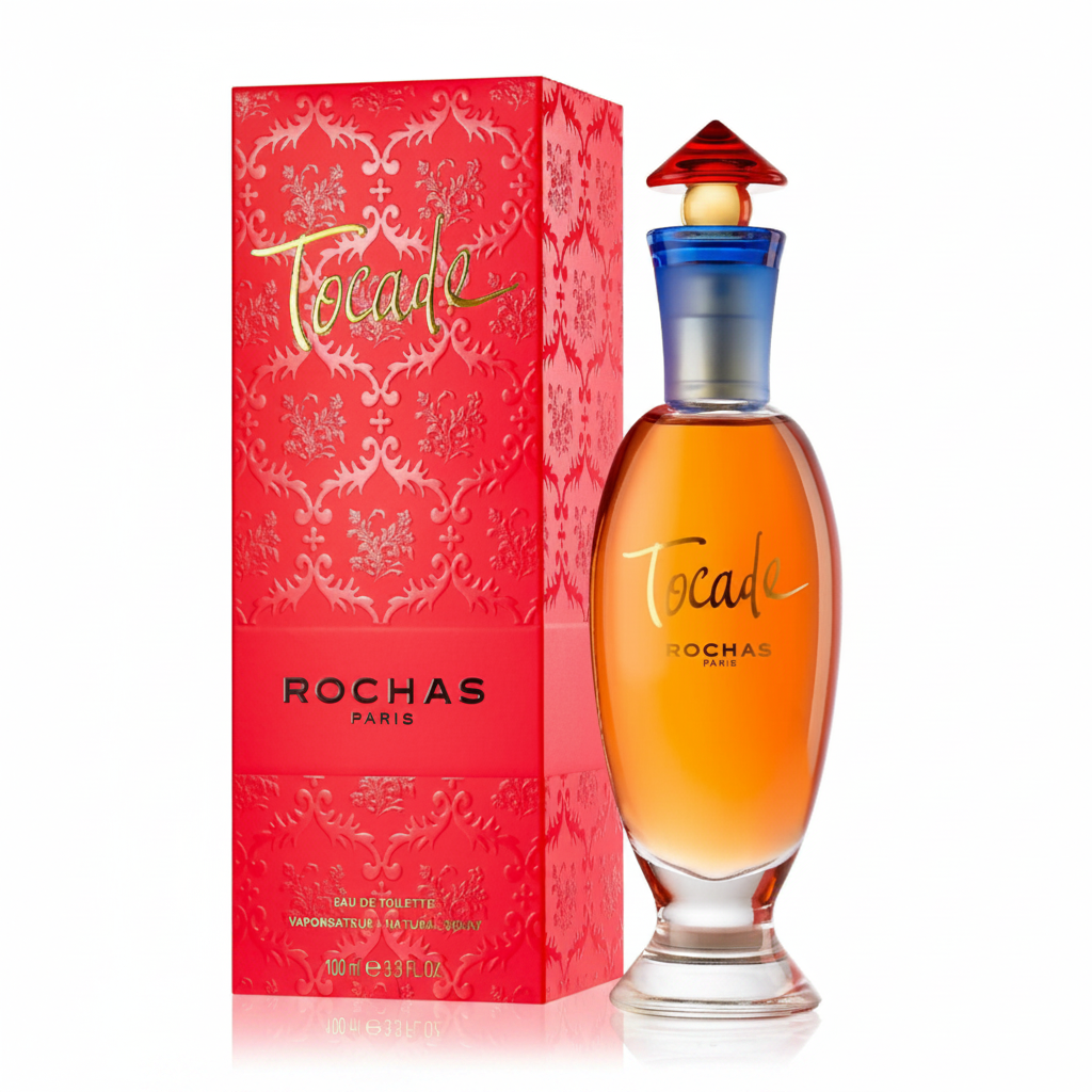 Rochas Tocade Eau de Toilette 100ml - flacone ambrato con tappo blu e rosso e confezione rossa