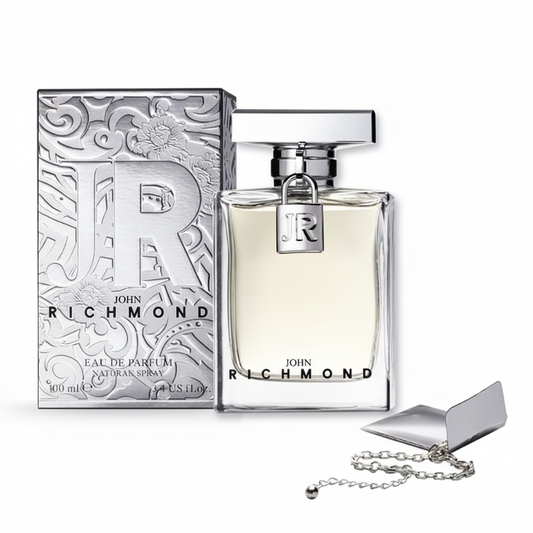 John Richmond Eau de Parfum 100ml – flacone con ciondolo JR e confezione argentata