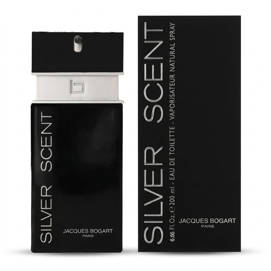 Jacques Bogart Silver Scent Eau de Toilette, flacone e confezione su sfondo bianco