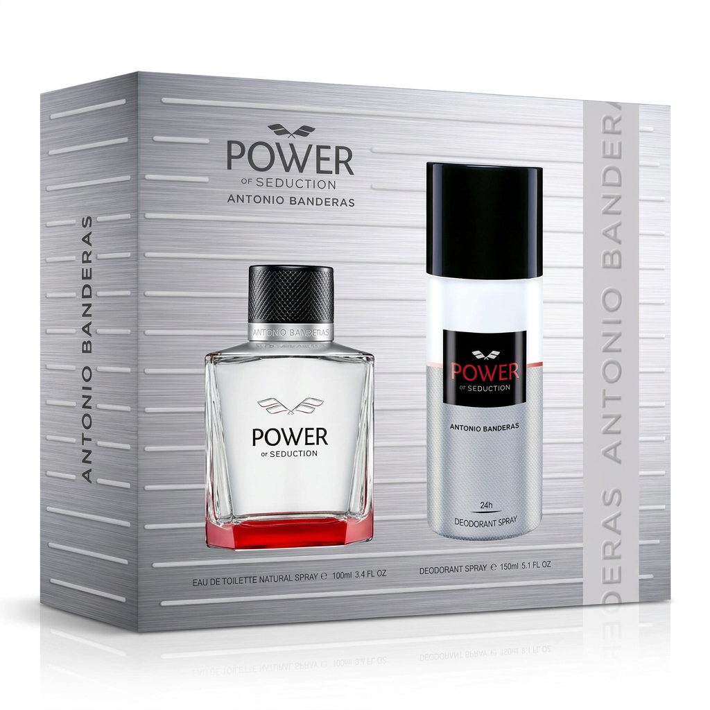 Cofanetto Antonio Banderas Power of Seduction EDT 100 ml e deodorante spray 150 ml in confezione argentata su sfondo bianco