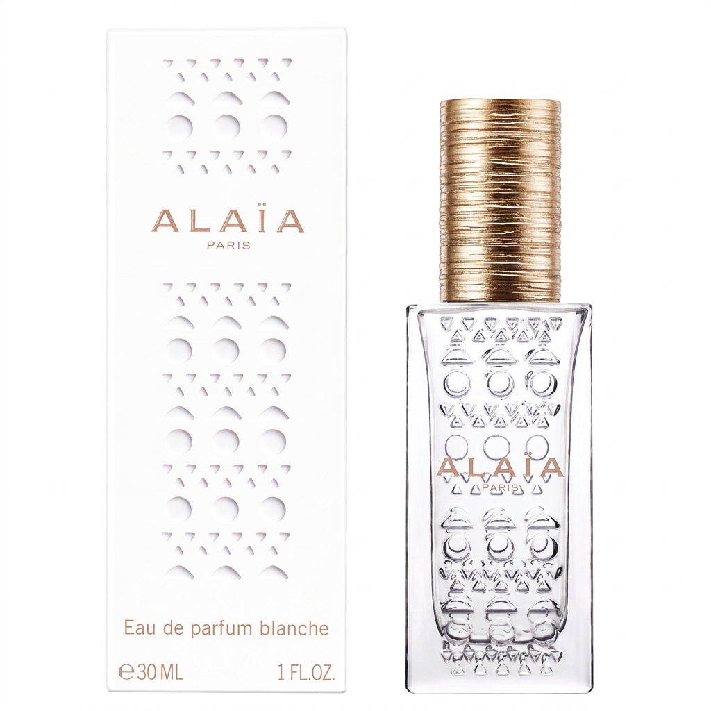Alaïa Paris Eau de Parfum Blanche, flacone e confezione su sfondo bianco