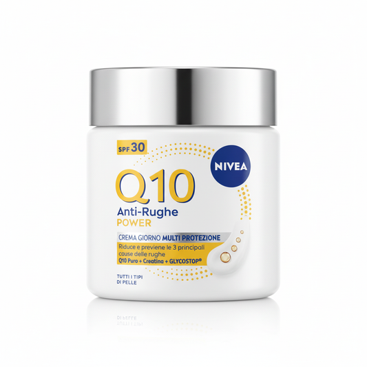 NIVEA Q10 Anti-Rughe Power Crema Giorno Multi Protezione SPF30 su sfondo bianco