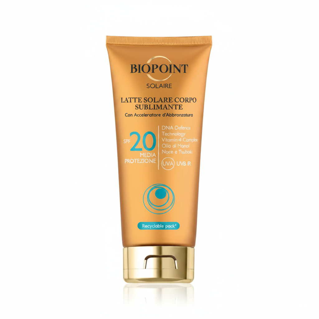 Biopoint Solaire Latte Solare Corpo Sublimante SPF 20 su sfondo bianco