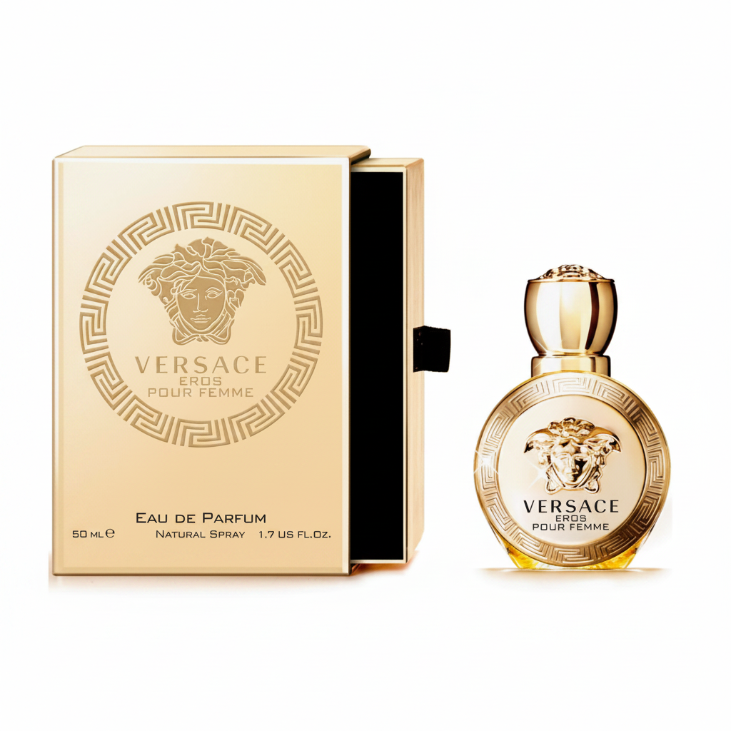 Versace Eros Pour Femme Eau de Parfum 50ml - flacone dorato e confezione su sfondo bianco