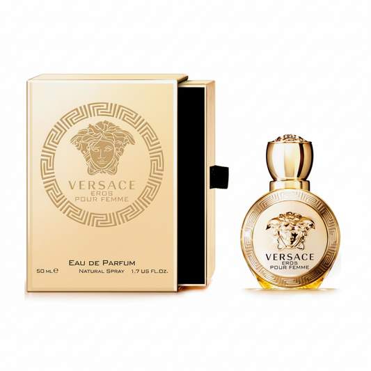 Versace Eros Pour Femme Eau de Parfum 50ml - flacone dorato e confezione su sfondo bianco