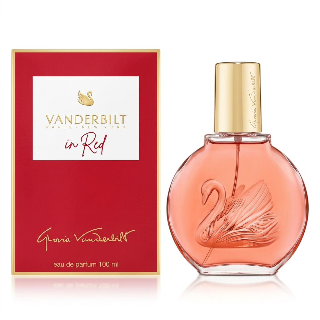 Flacone corallo con tappo dorato e scatola rossa Gloria Vanderbilt In Red Eau de Parfum 100 ml su sfondo bianco