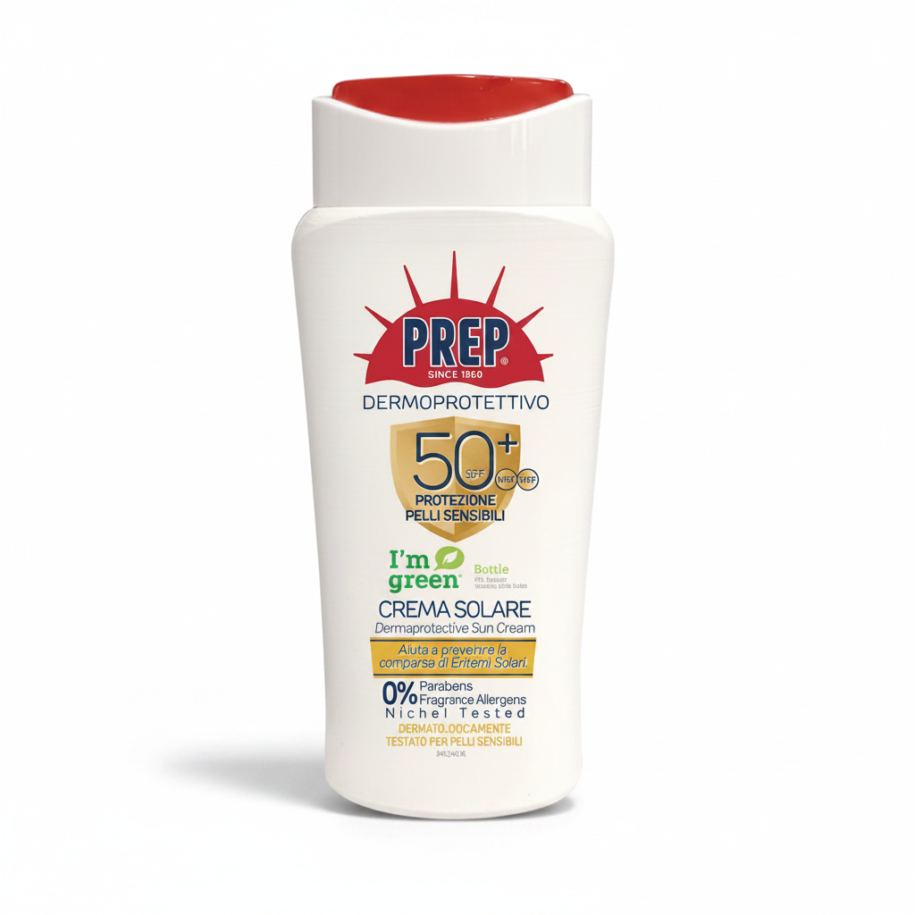 PREP Dermoprotettivo Crema Solare SPF 50+ su sfondo bianco