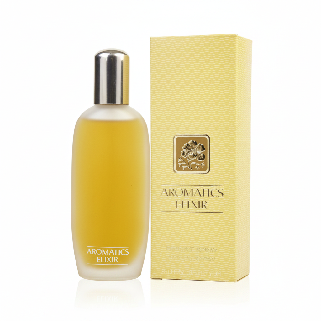 Clinique Aromatics Elixir Eau de Parfum - flacone ambrato con tappo argento e confezione dorata su sfondo bianco