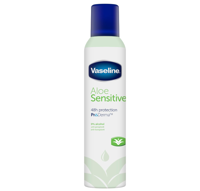 Vaseline Aloe Sensitive ProDerma 48h Anti-Perspirant Spray – flacone bianco con accenti verdi aloe
