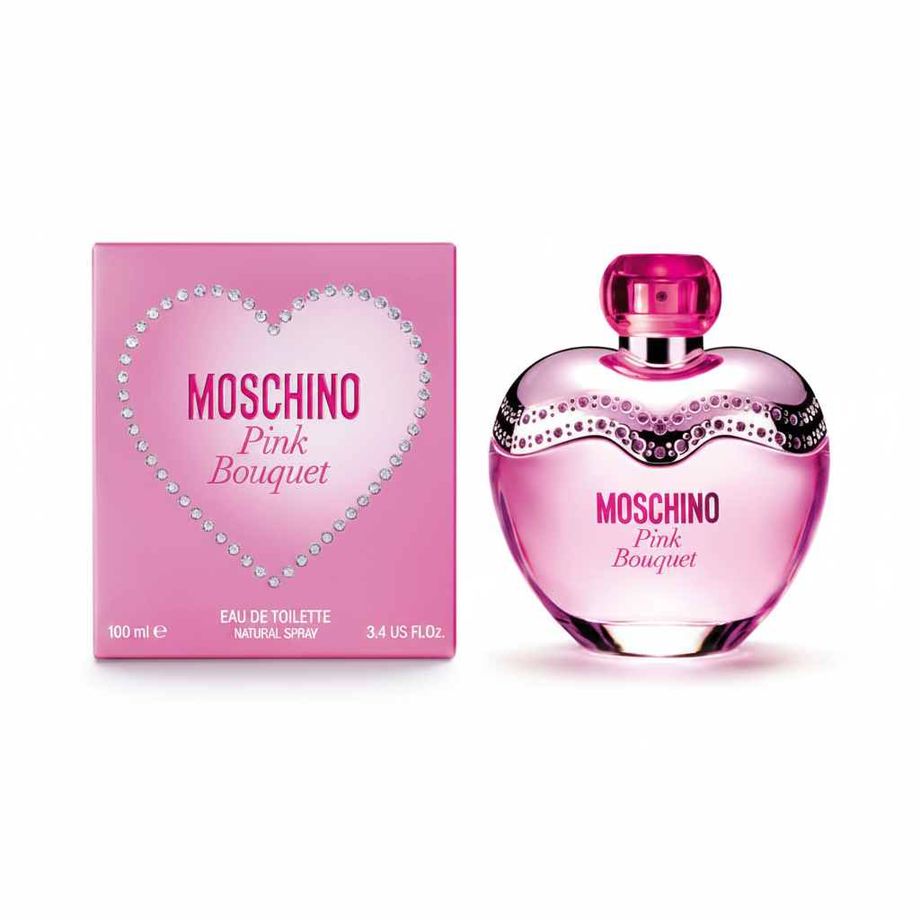 Moschino Pink Bouquet Eau de Toilette 100ml - flacone a cuore rosa con strass e confezione rosa su sfondo bianco