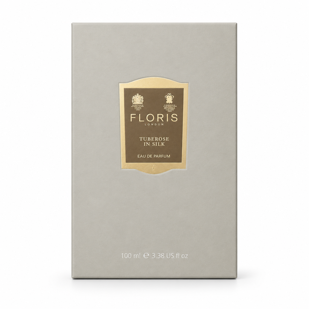 Confezione Floris Tuberose in Silk Eau de Parfum 100 ml su sfondo bianco
