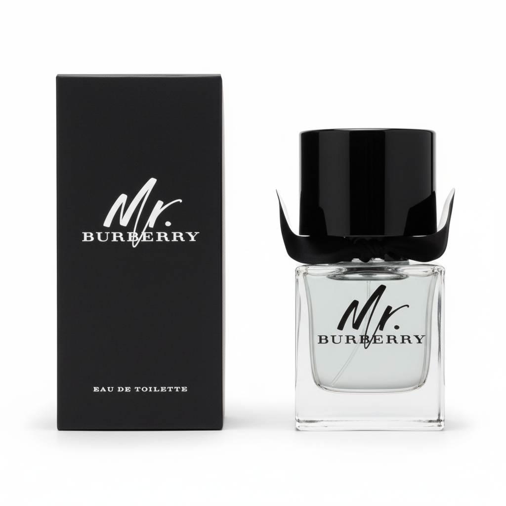 Mr. Burberry EDT - Flacone quadrato con tappo nero scultorale e confezione nera