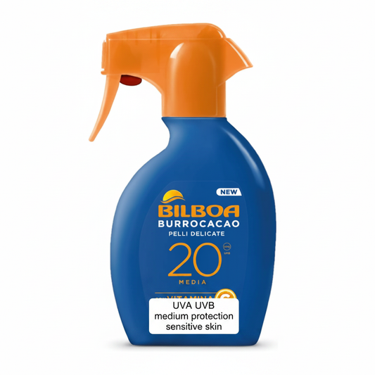 Bilboa Burrocacao Pelli Delicate SPF 20 Media Spray su sfondo bianco