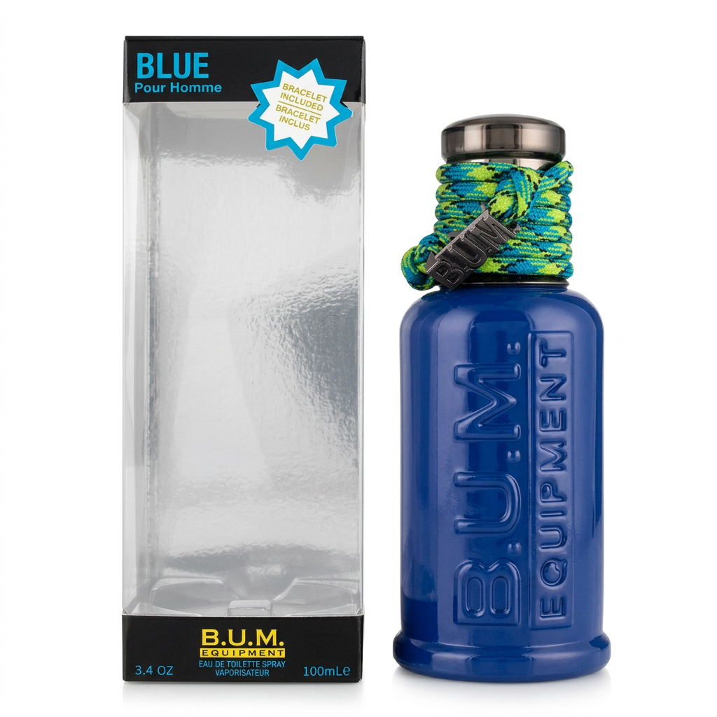 B.U.M. Equipment Blue Pour Homme Eau de Toilette 100 ml, flacone blu con cordoncino multicolore e confezione su sfondo bianco