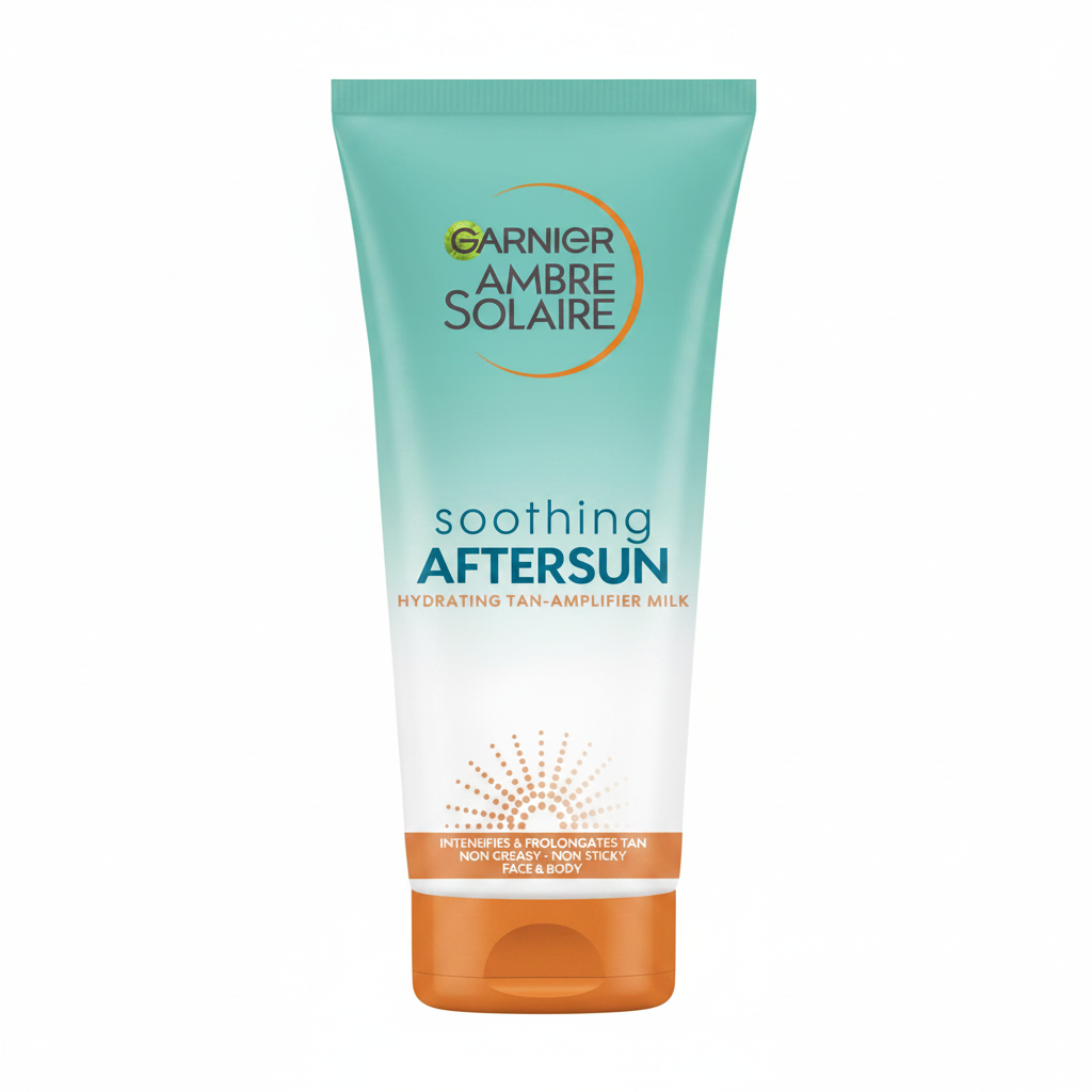 Garnier Ambre Solaire Soothing Aftersun Tan-Amplifier Milk su sfondo bianco