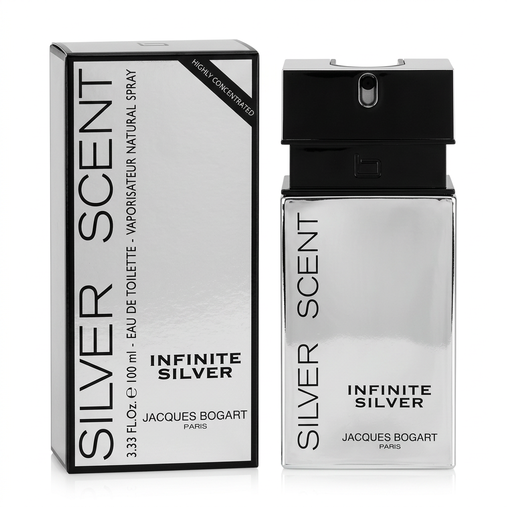 Jacques Bogart Silver Scent Infinite Silver Eau de Toilette, flacone e confezione su sfondo bianco