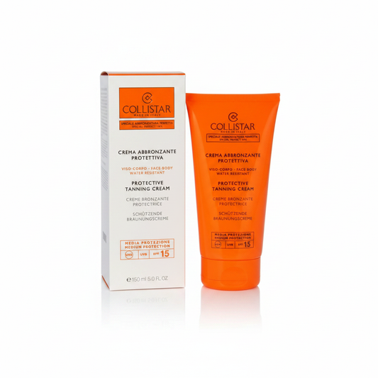 Collistar Crema Abbronzante Protettiva Viso-Corpo SPF 15 150ml con tubo e confezione su sfondo bianco