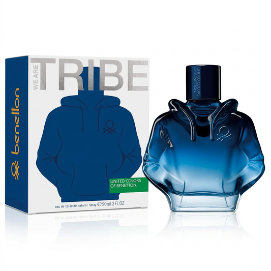 Benetton We Are Tribe Eau de Toilette, flacone e confezione su sfondo bianco