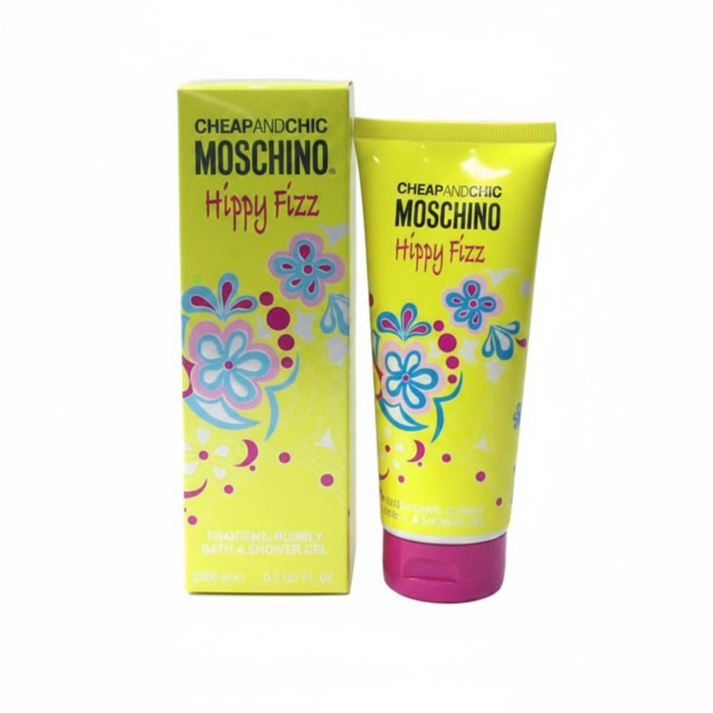 Moschino Cheap and Chic Hippy Fizz Body Lotion - tubetto e confezione gialla con fiori colorati su sfondo bianco