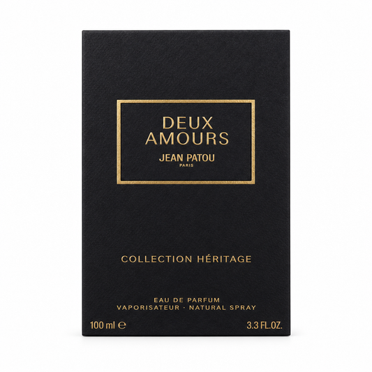 Confezione nera con scritte dorate Jean Patou Deux Amours Collection Héritage 100 ml su sfondo bianco