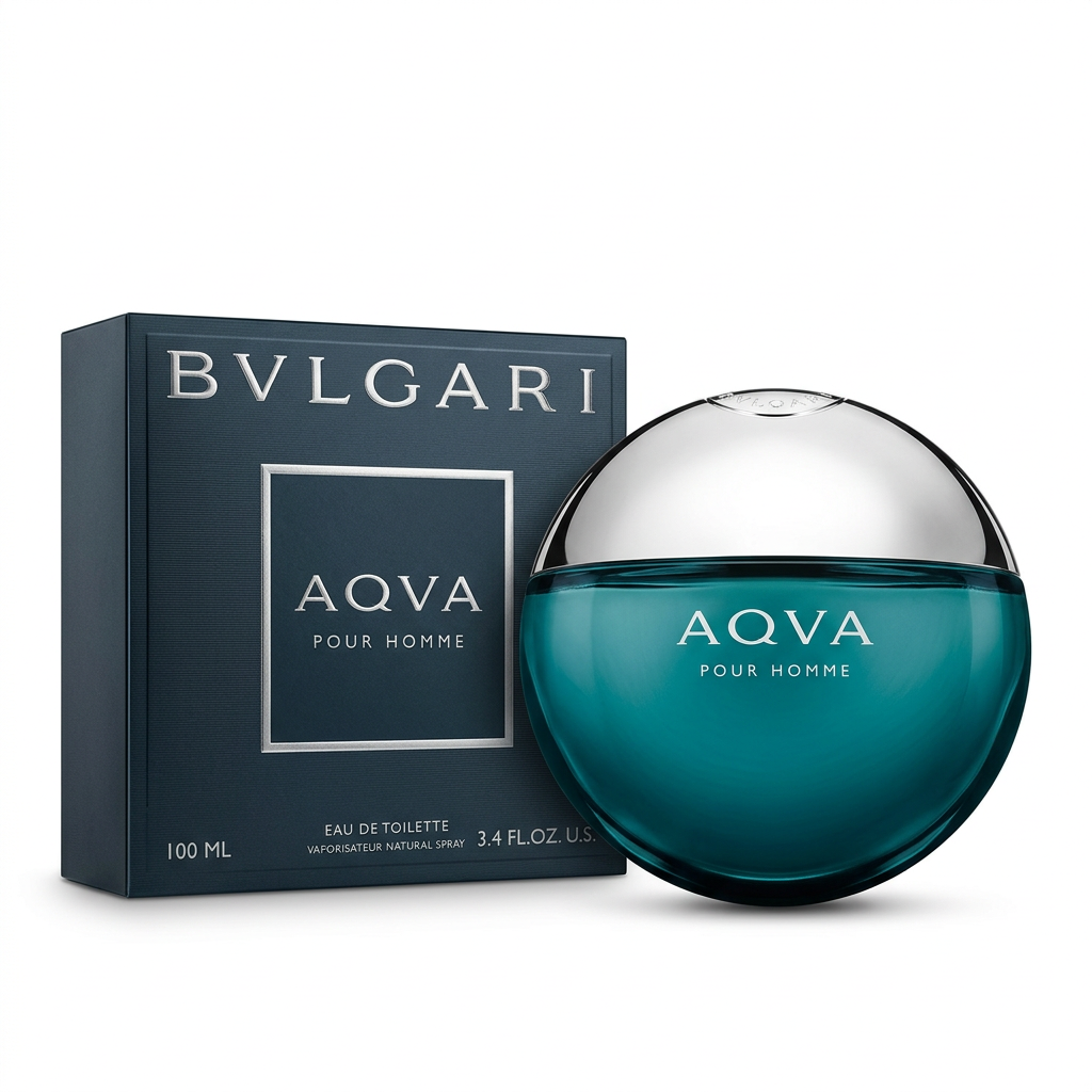 Bvlgari Aqva Pour Homme Eau de Toilette 100 ml, flacone turchese e argentato con confezione su sfondo bianco