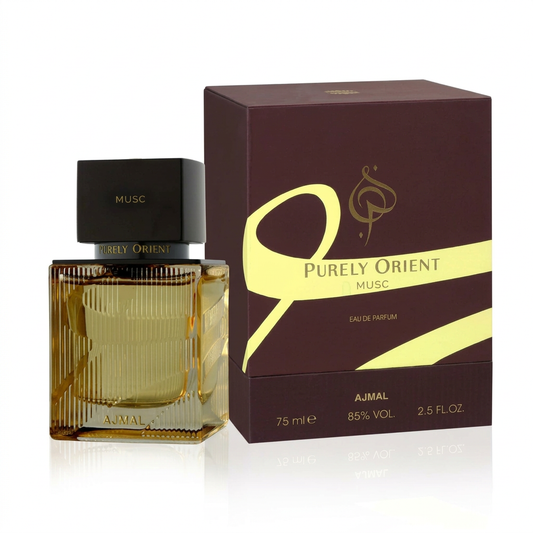 Ajmal Purely Orient Musc Eau de Parfum 75 ml con flacone ambrato e confezione bordeaux e oro su sfondo bianco