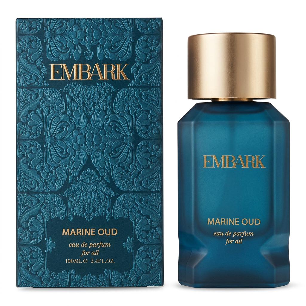 Embark Marine Oud For All Eau de Parfum, flacone e confezione su sfondo bianco