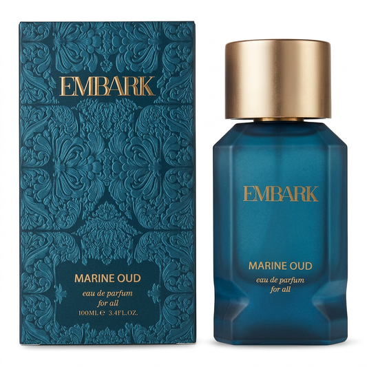 Embark Marine Oud For All Eau de Parfum, flacone e confezione su sfondo bianco