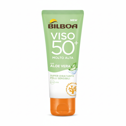 Bilboa Viso SPF 50+ Aloe Vera su sfondo bianco
