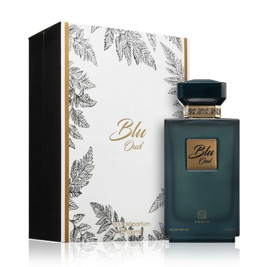 Blu Oud Eau de Parfum 100 ml, flacone verde petrolio e confezione botanica bianca su sfondo bianco