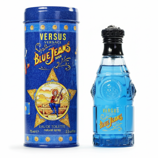 Versus Versace Blue Jeans Man Eau de Toilette 75ml - flacone blu e lattina su sfondo bianco
