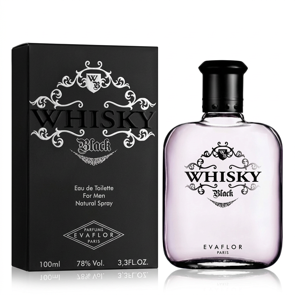 Evaflor Whisky Black Eau de Toilette, flacone e confezione su sfondo bianco
