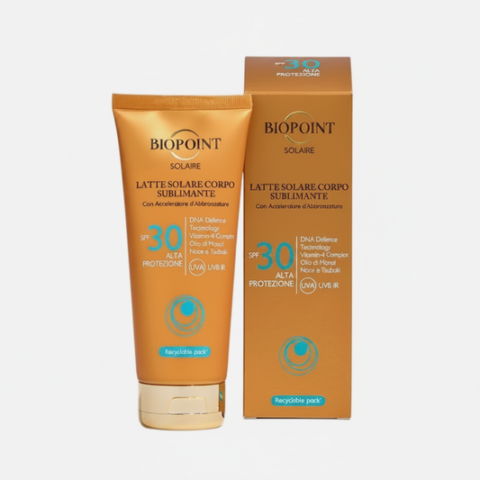 Biopoint Solaire Latte Solare Corpo Sublimante SPF 30 con confezione su sfondo bianco