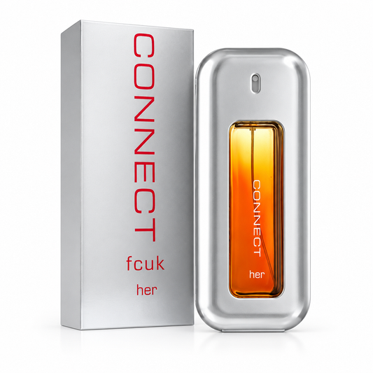 Flacone argentato con finestra ambrata e confezione FCUK Connect Her su sfondo bianco