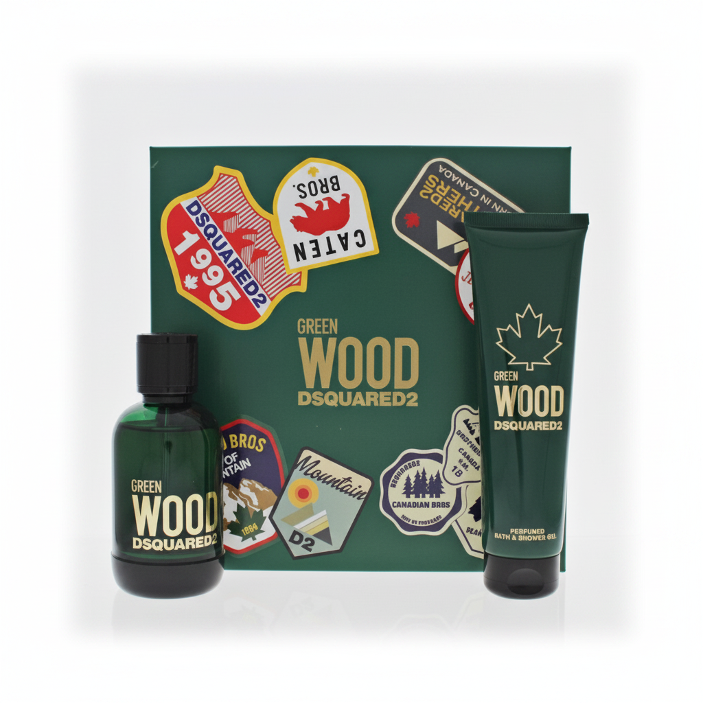 Dsquared2 Green Wood Cofanetto Regalo EDT e Shower Gel su sfondo bianco