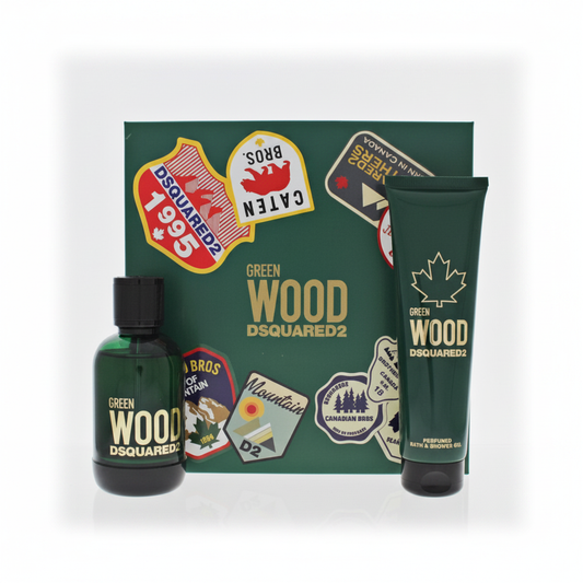 Dsquared2 Green Wood Cofanetto Regalo EDT e Shower Gel su sfondo bianco