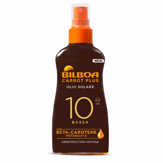 Bilboa Carrot Plus Olio Solare SPF 10 su sfondo bianco